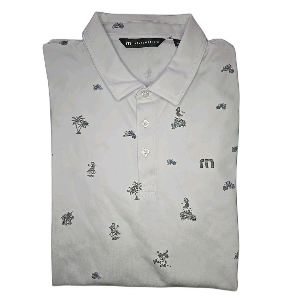 Travis Mathew  Polo Shirt Mens Large Golf Hawaiian All Over Print AOP TIKI HULA